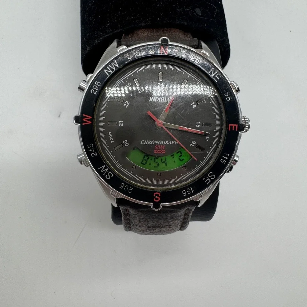Timex‎ Indiglo Chronograph Watch Mens Brown Leather Strap Analog Digital 50M F8